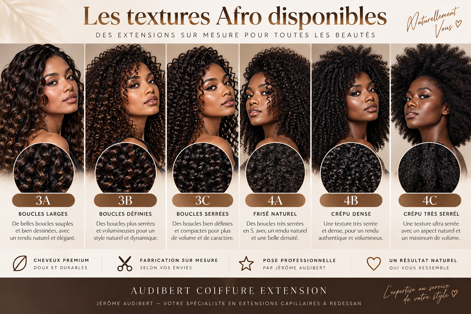 Classification des textures de cheveux Afro 3A 3B 3C 4A 4B et 4C