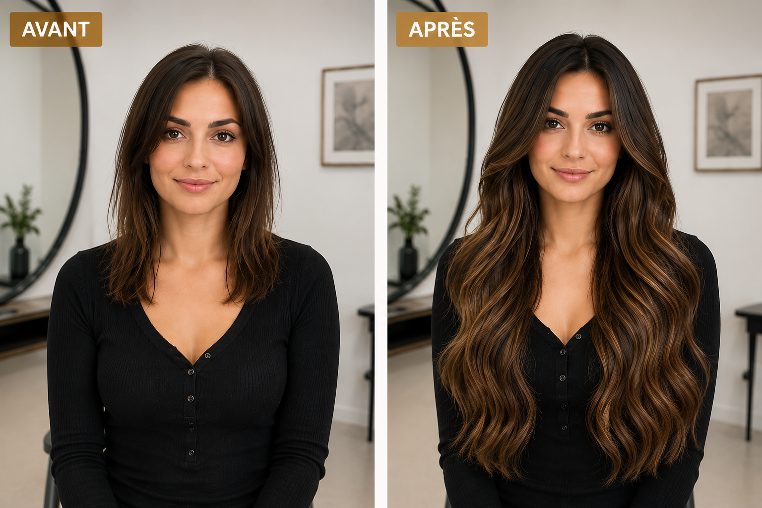 Avant après extensions de cheveux bruns avec ajout de longueur et de volume