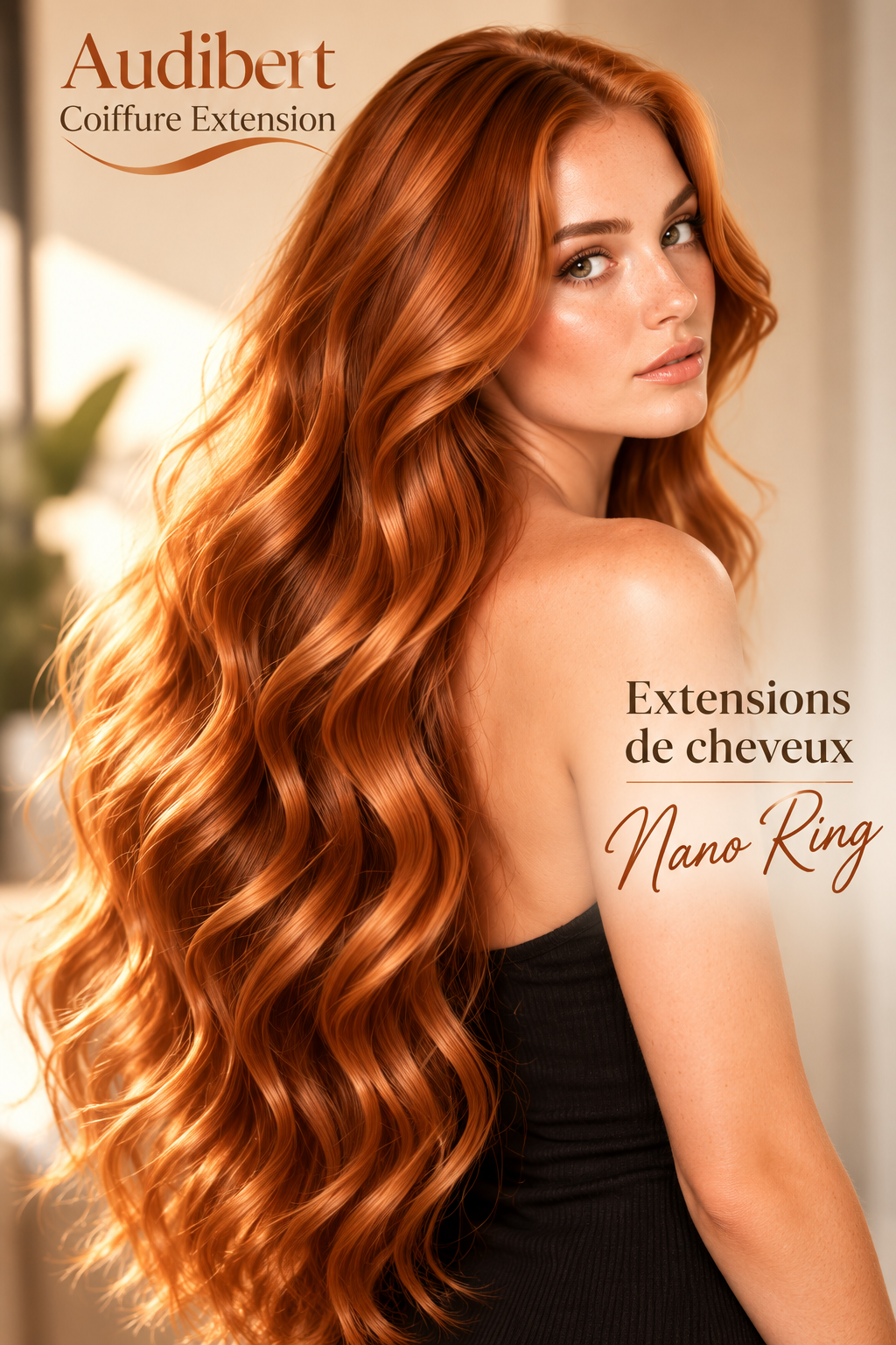 Femme aux cheveux longs portant des extensions de cheveux Nano Ring