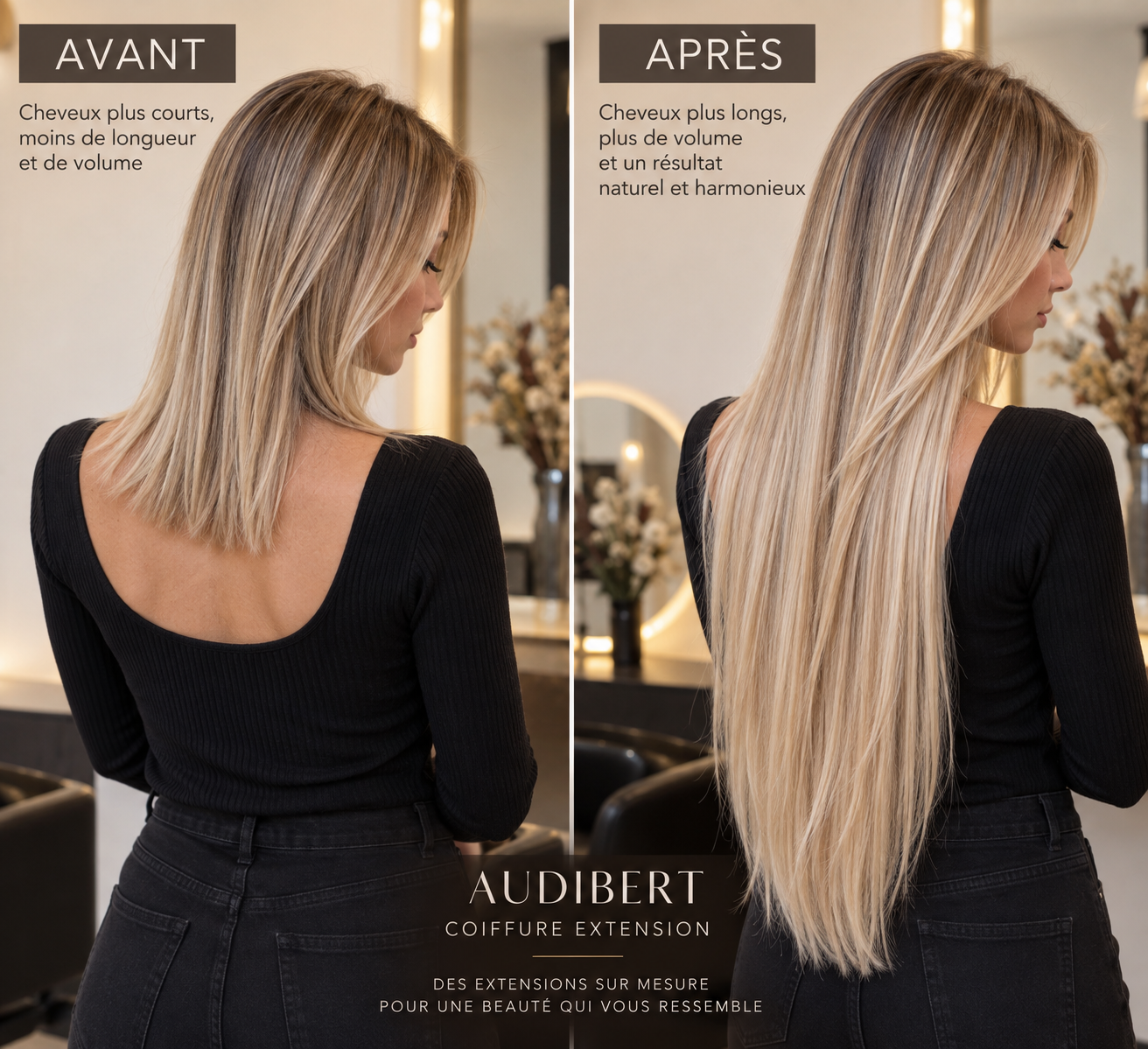 Avant après pose d’extensions de cheveux sur mesure longues et raides avec balayage blond
