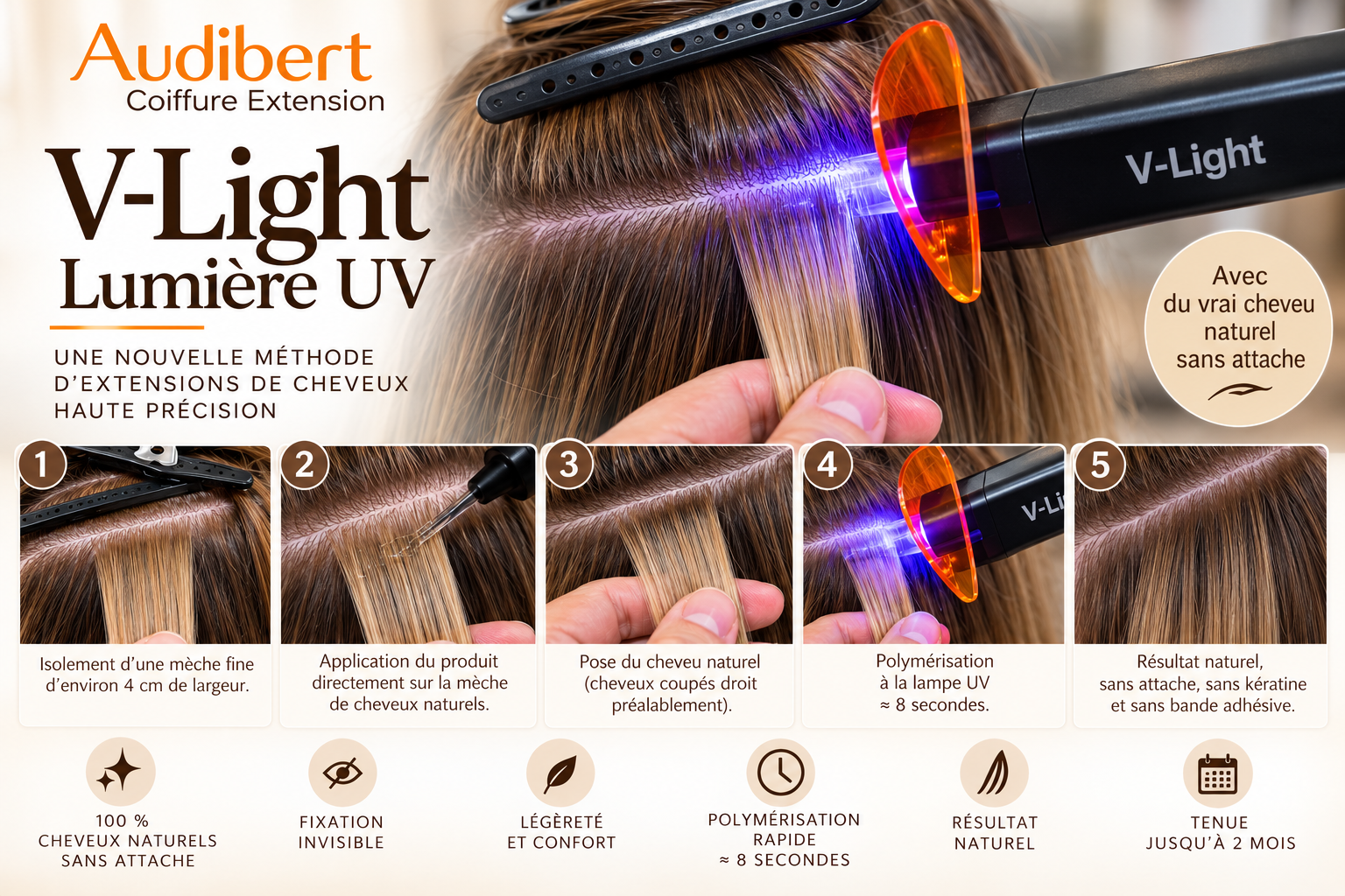 Pose d'extensions de cheveux V-Light à lumière UV