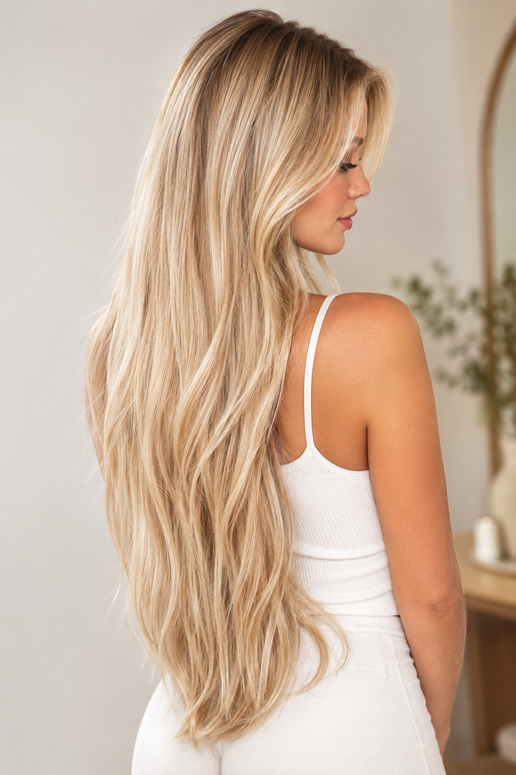 Extensions de cheveux blondes longues, vue de dos et de profil