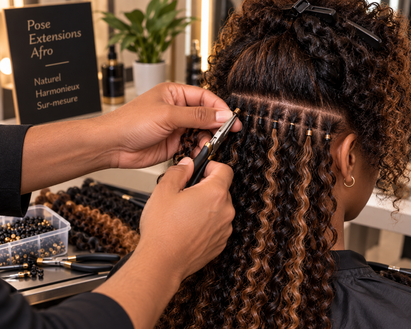 Illustration d’une pose professionnelle d’extensions Afro par anneaux