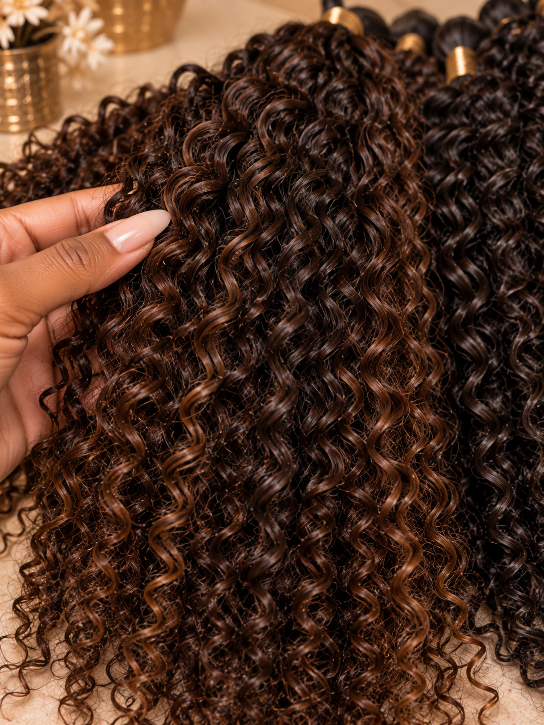 Gros plan sur des boucles d’extensions de cheveux Afro aux nuances brunes